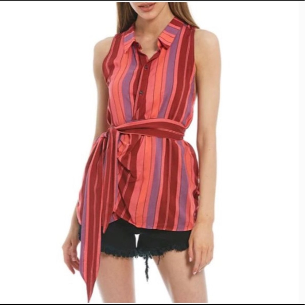 Free‎ People Mackenzie Wrap Sleeveless Tie Burgundy Striped Blouse